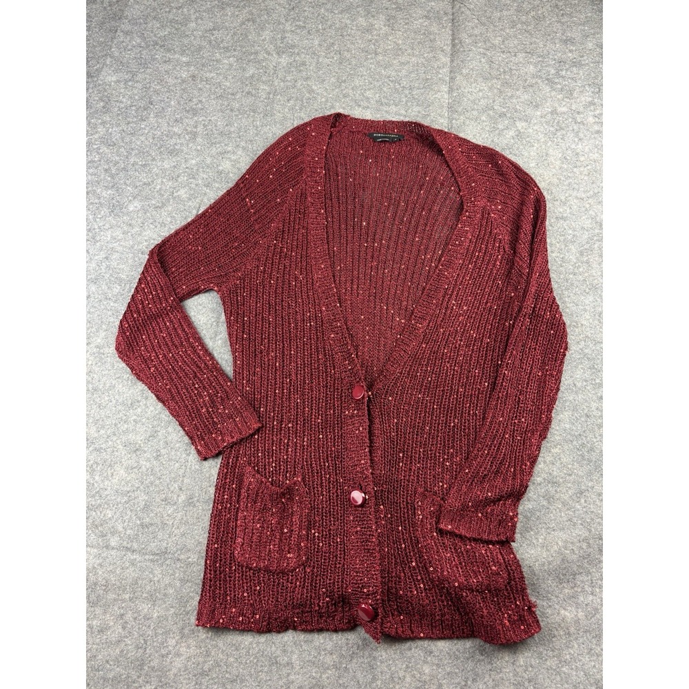 BCBG Maxazria Women's M Cardigan Sweater Glitzy Holiday Sequin Red Christmas